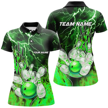 Custom Women Bowling Polo Shirts Custom green lightning thunder Bowling Team Jersey, gift for team Bowlers