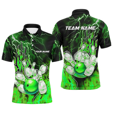 FUNSTUFFPRINT Men Bowling Polo Shirt Custom green lightning thunder Bowling Polo Shirt Size S-5XL