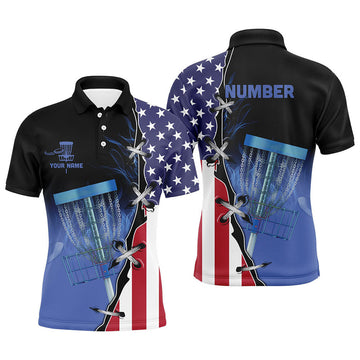 Custom Blue flame Mens Disc golf polo shirts custom American flag disc golf jerseys, frisbee golf shirts