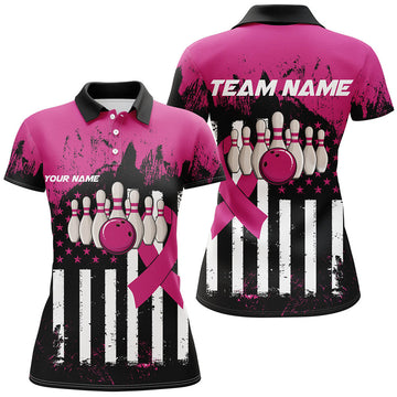 Custom Pink And Black American Flag Women Polo, Custom Breast Cancer Awareness Bowling Jerseys