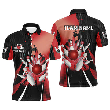 FUNSTUFFPRINT Black and red retro Mens Bowling polo shirts Custom bowling ball and pins Team bowling Polo Shirt Size S-5XL