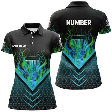 Custom Black And Green Fire Womens Disc Golf Polo Shirts Custom Flame Disc Golf Basket Jerseys