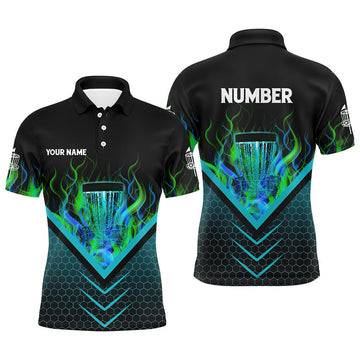 Custom Black and green fire Mens Disc golf polo shirts custom flame disc golf basket jerseys, disc golf shirt