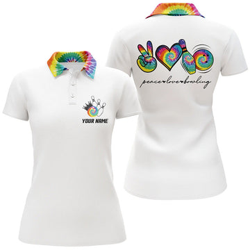 Custom Colorful Tie Dye Peace Love Bowling Custom White Bowling Polo Shirt For Women, Team Bowling Shirts