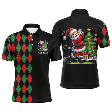 FUNSTUFFPRINT Red and Green argyle pattern black Men golf polo shirt custom Christmas Santa golfer golf outfits , Polo Shirt Size S-5XL
