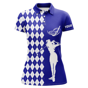 Custom Personalized White Argyle Plaid Pattern Womens Golf Polo Shirts, Custom Blue Golf Apparel For Ladies