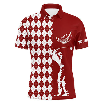 FUNSTUFFPRINT Personalized white argyle plaid pattern Mens golf polo shirts, custom Red golf tops for mens Polo Shirt Size S-5XL