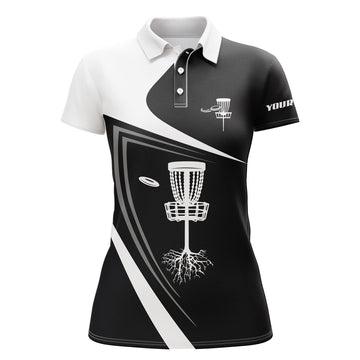 Custom Womens Disc Golf Polo Shirt Custom Name Black White Disc Golf Basket, Personalized Disc Golf Shirts