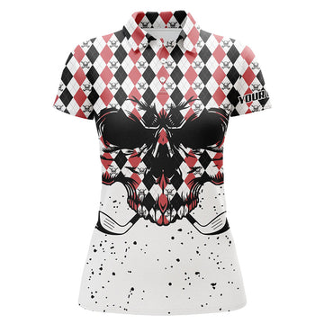 Custom Black Red Agryle Pattern Womens Golf Polo Shirts Custom Golf Skull Clubs Golf Attire For Women