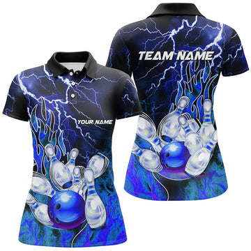 Custom Women Bowling Polo Shirts Custom Blue Lightning Thunder Bowling Team Jersey, Gift For Team Bowlers
