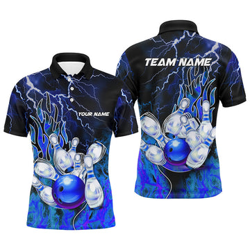 FUNSTUFFPRINT Men Bowling Polo Shirt Custom blue lightning thunder Bowling Polo Shirt Size S-5XL