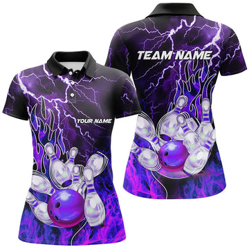 Custom Women Bowling Polo Shirts Custom Purple Lightning Thunder Bowling Team Jersey, Gift For Team Bowlers