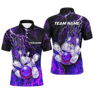 FUNSTUFFPRINT Men Bowling Polo Shirt Custom purple lightning thunder Bowling Polo Shirt Size S-5XL