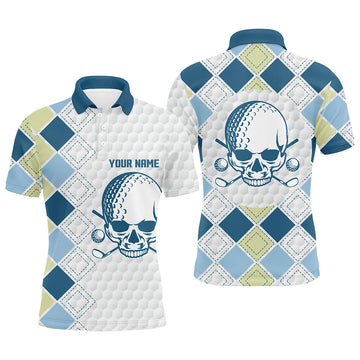 Custom White golf ball skull Mens golf polo shirts custom blue argyle pattern golf apparel for men