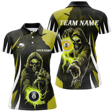 Custom Funny Yellow Death Skeleton With Billiard 8 Ball & 9 Ball Women Polo Shirts Custom Billiard Team Jersey