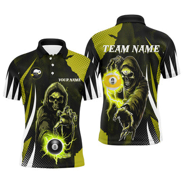 Custom Funny Yellow Death Skeleton With Billiard 8 Ball & 9 Ball Men Polo Shirts Custom Billiard Team Jersey