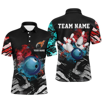 FUNSTUFFPRINT Black camo smoke Bowling ball pins Custom Bowling Polo Shirt Size S-5XL