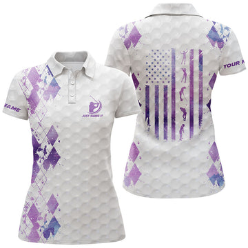 Custom Women Golf Polo Shirt Just Swing It American Flag Patriotic Custom Name Purple Galaxy Women Golf Shirt