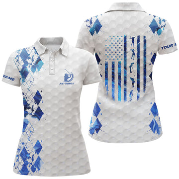 Custom Women Golf Polo Shirt Just Swing It American Flag Patriotic Custom Name Blue White Women Golf Shirt