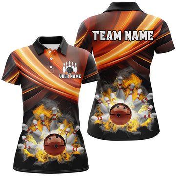 Custom Personalized Black And Orange Smoke Flame Bowling Polo For Women, Cool Bowling Jerseys