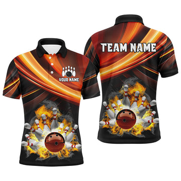 FUNSTUFFPRINT Personalized Black and Orange Smoke Flame Bowling Polo Shirt Size S-5XL