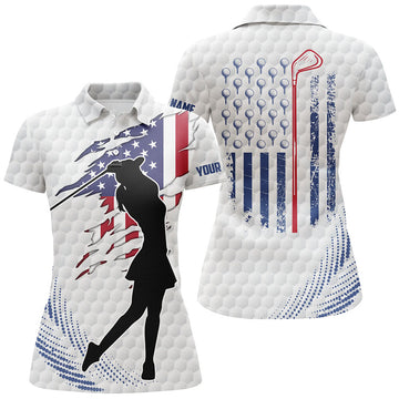 Custom White Golf Ball Womens Golf Polos Shirts Custom American Flag Patriot Golf Tops For Ladies