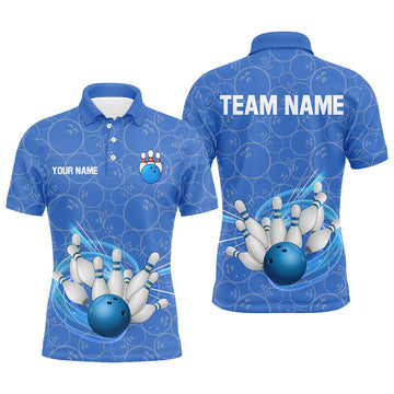 FUNSTUFFPRINT Blue Camo Bowling Polo, For Men Custom Bowling Team League Uniform Polo Shirt Size S-5XL