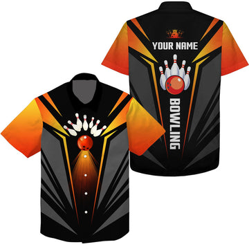 Custom Hawaiian Bowling Shirts Bowling Ball And Pins Team Shirt, Black Orange Bowl Shirts