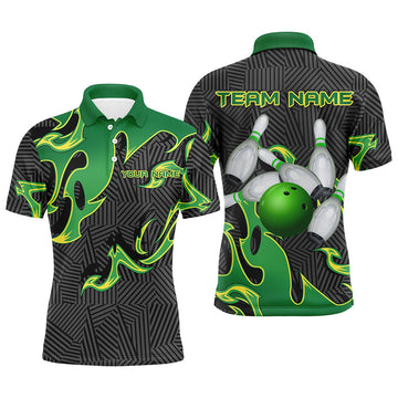 FUNSTUFFPRINT Green Flame Black Camo Bowling Polo, Polo Shirt Size S-5XL