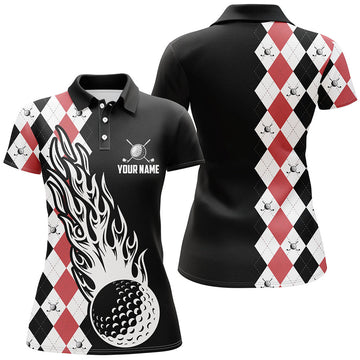 Custom Women Golf Polo Shirts Custom Black And Red Argyle Pattern Golf Ball Fire Cool Ladies Golf Shirt