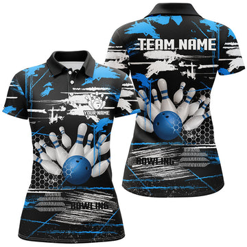 Custom Women Bowling Polo Shirts Custom Black And Blue Retro Bowling Team League Jerseys, Gifts For Bowlers