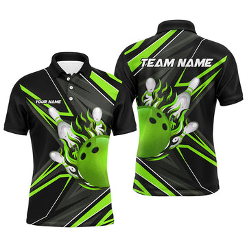 Custom Black And Green Men Bowling Polo Shirt Custom Bowling Ball Pins Flame Bowling Jerseys For Bowler