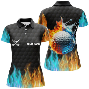 Custom Fire And Water Golf Ball Black Womens Golf Polo Shirts Custom Golf Apparel For Women