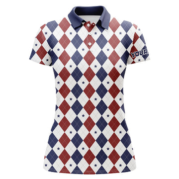Custom Women Golf Polo Shirt Custom Red, White And Blue Argyle Plaid Pattern Golf Attire For Ladies