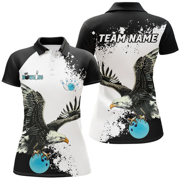 Custom Black And White Women Bowling Polo Shirts Custom Eagle Team Bowling Shirts, Gift For Bowlers | Blue