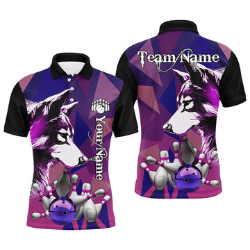FUNSTUFFPRINT Purple Wolf Bowling Polo, For Men Custom Bowling Team Polo Shirt Size S-5XL