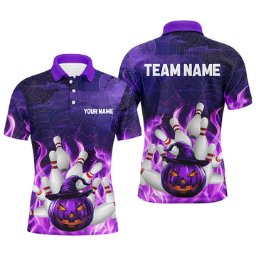 FUNSTUFFPRINT Purple Flame Halloween Pumpkin Bowling Polo Shirt Size S-5XL