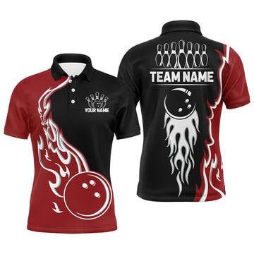 FUNSTUFFPRINT Black and Red Flame Bowling Polo, Custom Team Bowling Jersey Bowler Outfit Polo Shirt Size S-5XL