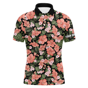 FUNSTUFFPRINT Mens golf polos shirts custom tropical pink hibiscus flower black pattern golf tops for mens Polo Shirt Size S-5XL
