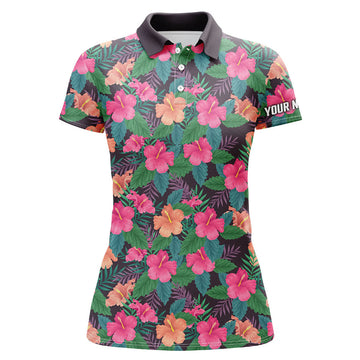 Custom Womens Golf Polos Shirts Custom Name Colorful Hibiscus Flower Tropical Pattern Golf Tops For Women