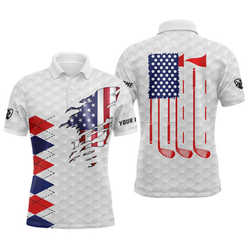 Custom Golf Men Polo Shirt - Custom Name American Flag White Apparel - Personalized Gift For Golf Lover, Male, Husband, Team, Patriotic, Independence Day