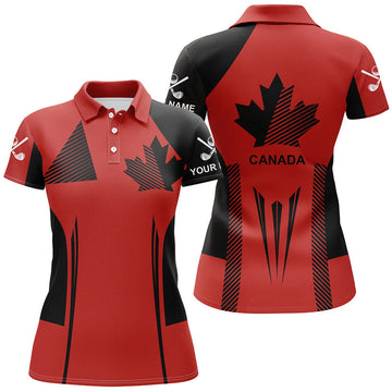 Custom Personalized Black And Red Canada Flag Golf Polo Shirt For Women Custom Patriotic Gifts For Golf Lover