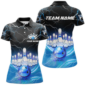 Custom Blue Light Lightning Thunder Women Bowling Polo Shirts Custom Team Bowling Jerseys, Gift For Bowlers