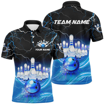 FUNSTUFFPRINT Blue light lightning thunder Mens bowling Polo Shirt Size S-5XL
