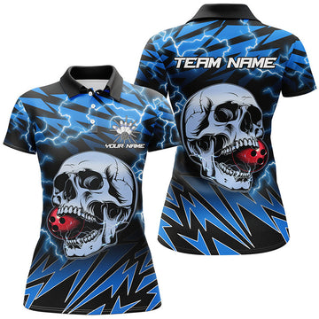 Custom Women Bowling Polo Shirts Custom Blue Lightning Thunder Skull Bowling Team Jersey, Gift For Bowlers