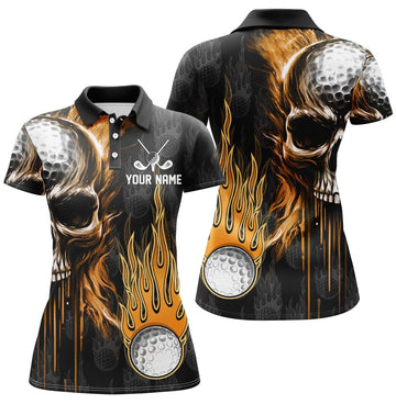 Custom Womens Golf Polos Shirts Custom Skull Golf Fire Black Golf Apparel, Coolest Polo Shirts For Ladies
