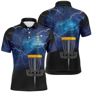 Custom Mens disc golf polo shirt custom blue lightning thunder frisbee golf shirt, mens disc golf tops