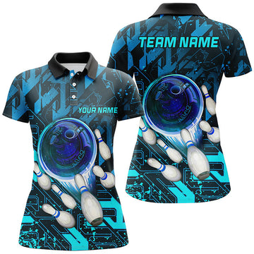 Custom Women Bowling Polo Shirts Custom Blue Abstract Bowling Team League Jerseys, Gifts For Bowlers