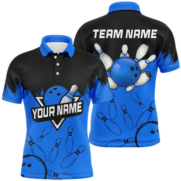 FUNSTUFFPRINT Mens Bowling polo shirts Custom black and blue Bowling Team league Polo Shirt Size S-5XL