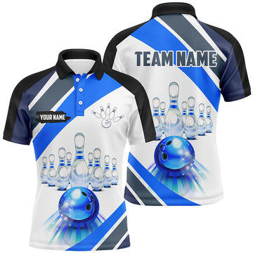 FUNSTUFFPRINT Blue Light Bowling Polo, Custom Bowling ball and pins Team Polo Shirt Size S-5XL